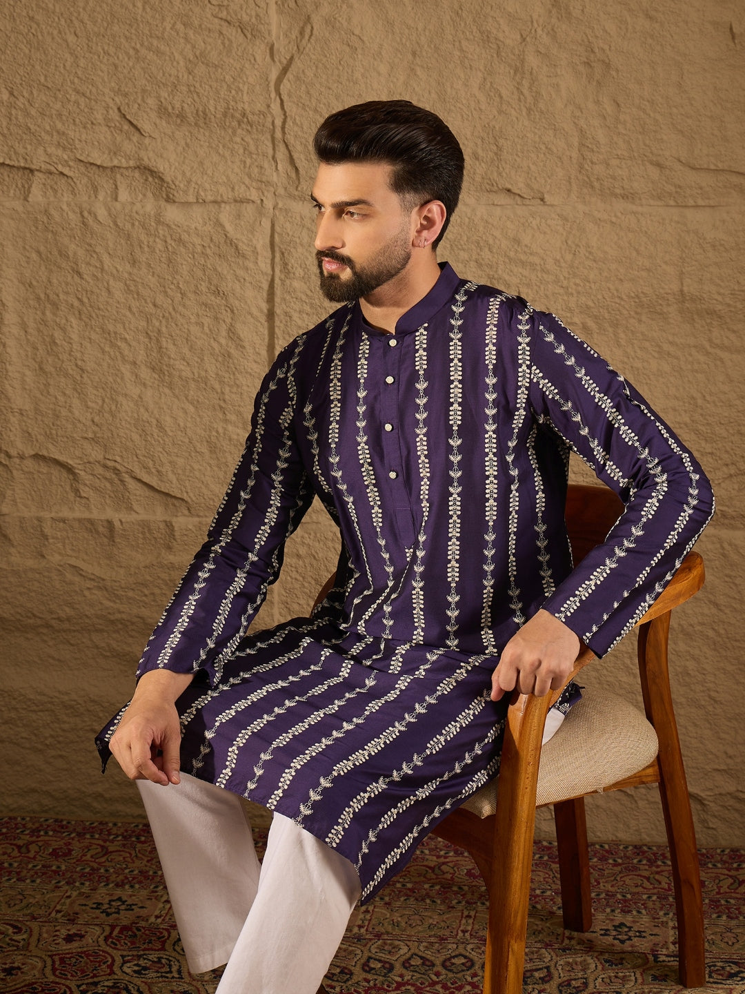 Men Purple Viscose Rayon Ethnic Motifs Printed Straight Kurta with Trousers-MKSET1280