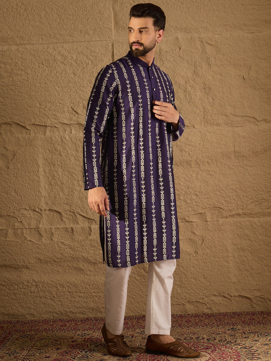 Men Purple Viscose Rayon Ethnic Motifs Printed Straight Kurta with Trousers-MKSET1280