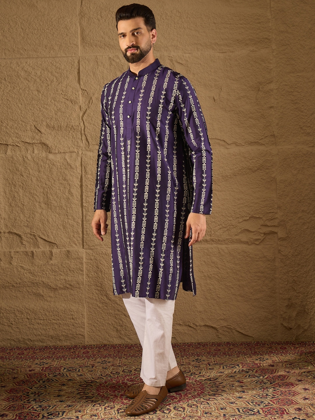 Men Purple Viscose Rayon Ethnic Motifs Printed Straight Kurta with Trousers-MKSET1280