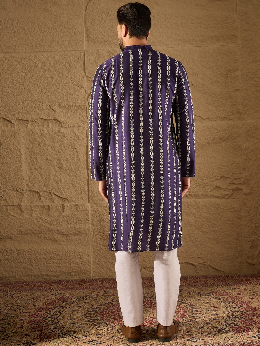 Men Purple Viscose Rayon Ethnic Motifs Printed Straight Kurta with Trousers-MKSET1280