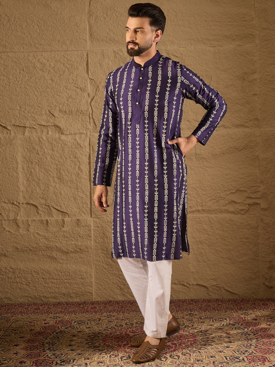 Men Purple Viscose Rayon Ethnic Motifs Printed Straight Kurta with Trousers-MKSET1280