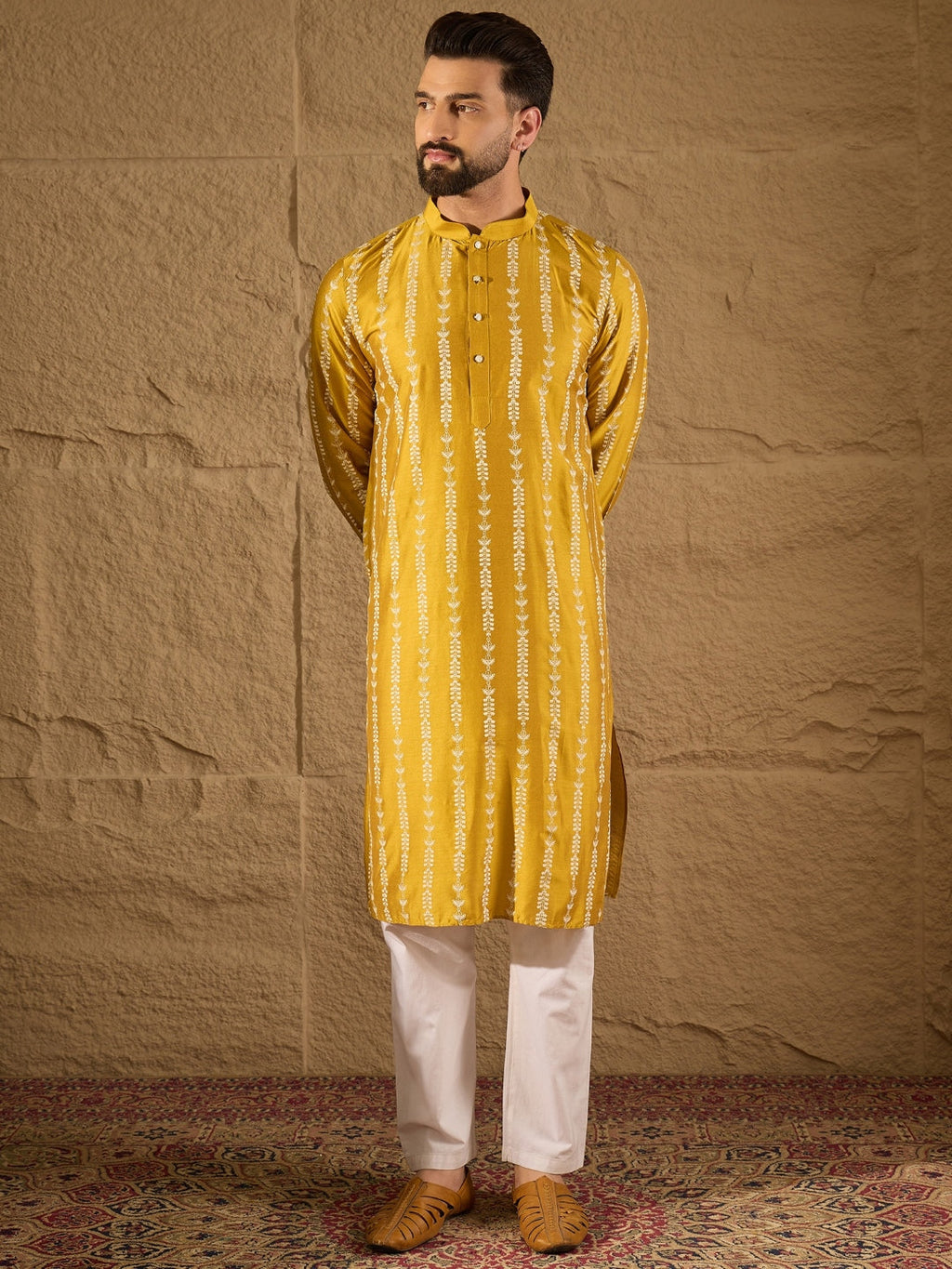 Men Yellow Viscose Rayon Ethnic Motifs Printed Straight Kurta with Trousers-MKSET1282