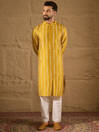 Men Yellow Viscose Rayon Ethnic Motifs Printed Straight Kurta with Trousers-MKSET1282