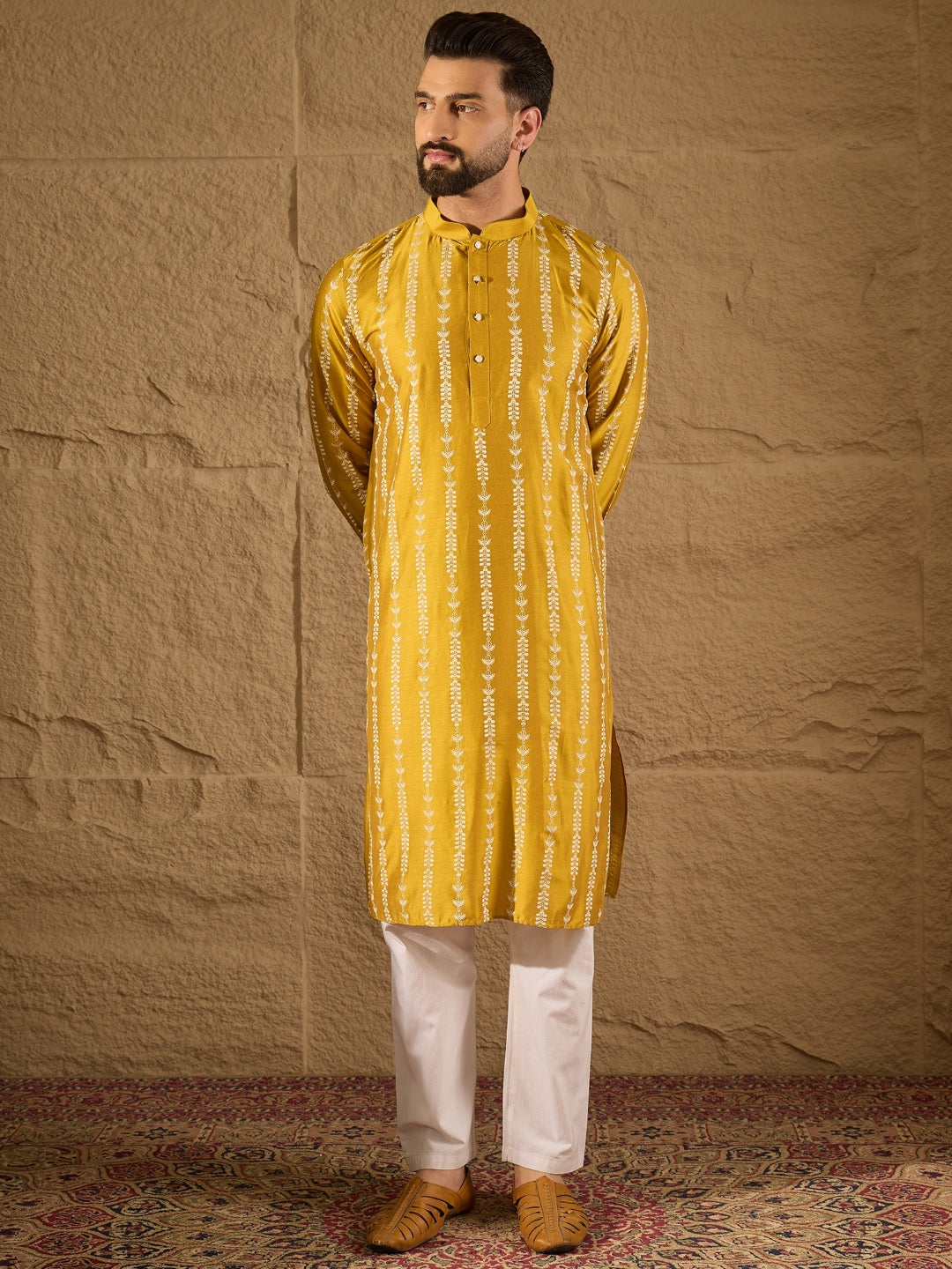 Men Yellow Viscose Rayon Ethnic Motifs Printed Straight Kurta with Trousers-MKSET1282