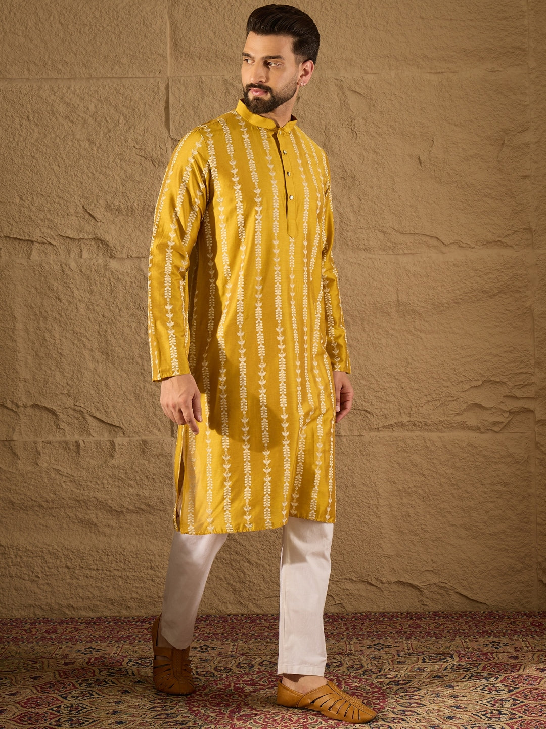 Men Yellow Viscose Rayon Ethnic Motifs Printed Straight Kurta with Trousers-MKSET1282