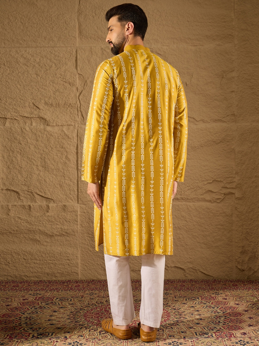 Men Yellow Viscose Rayon Ethnic Motifs Printed Straight Kurta with Trousers-MKSET1282
