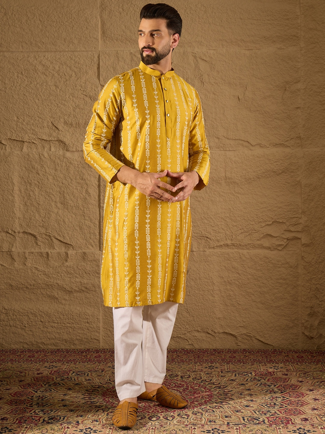 Men Yellow Viscose Rayon Ethnic Motifs Printed Straight Kurta with Trousers-MKSET1282