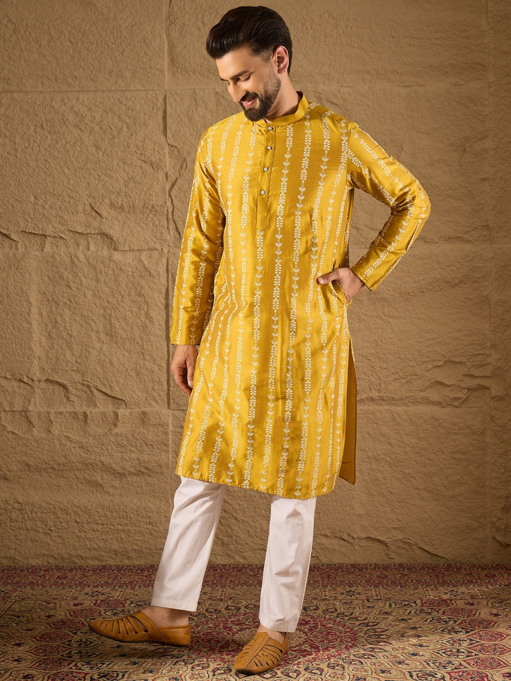 Men Yellow Viscose Rayon Ethnic Motifs Printed Straight Kurta with Trousers-MKSET1282