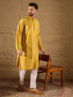 Men Yellow Viscose Rayon Ethnic Motifs Printed Straight Kurta with Trousers-MKSET1282