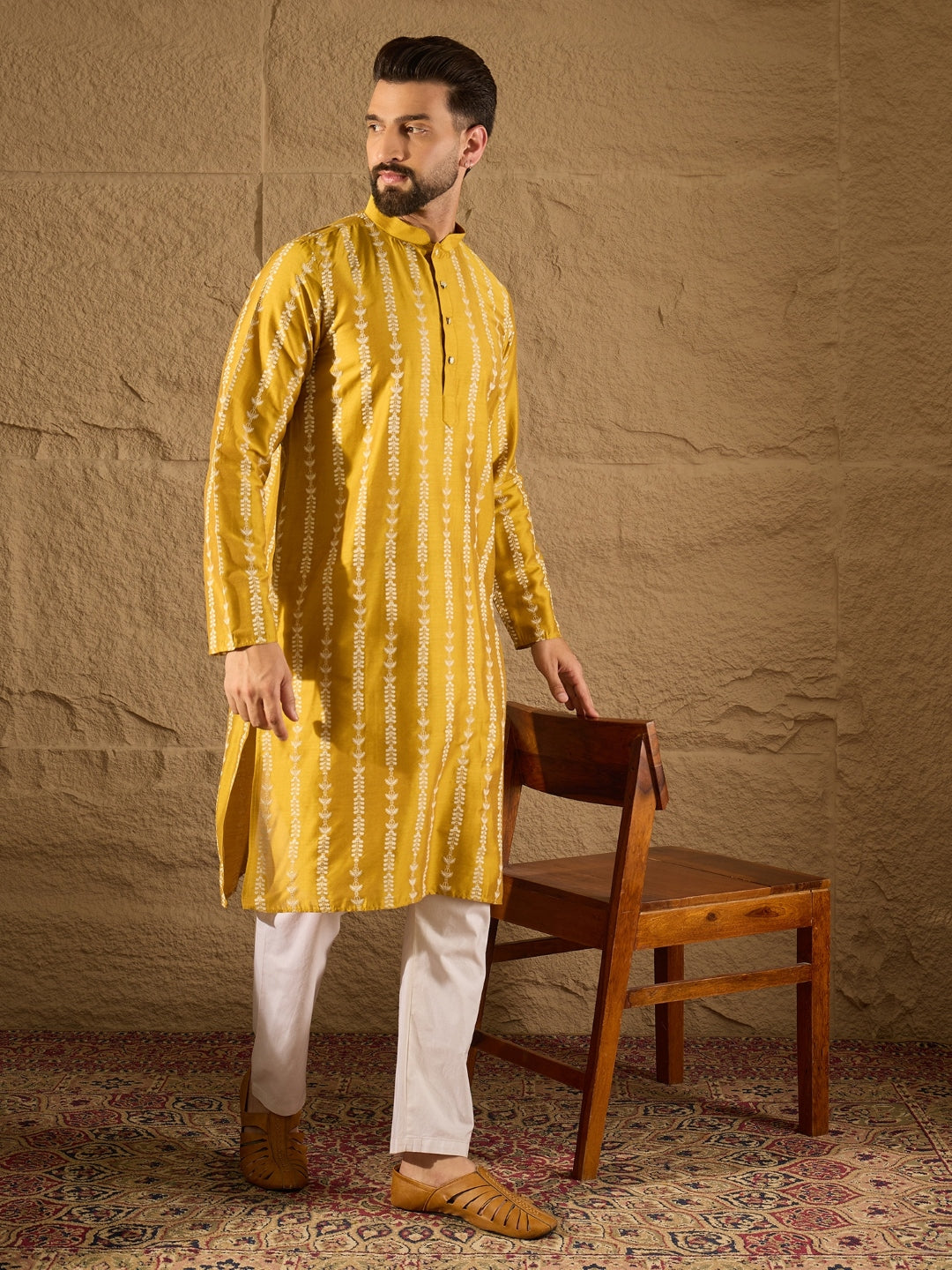 Men Yellow Viscose Rayon Ethnic Motifs Printed Straight Kurta with Trousers-MKSET1282