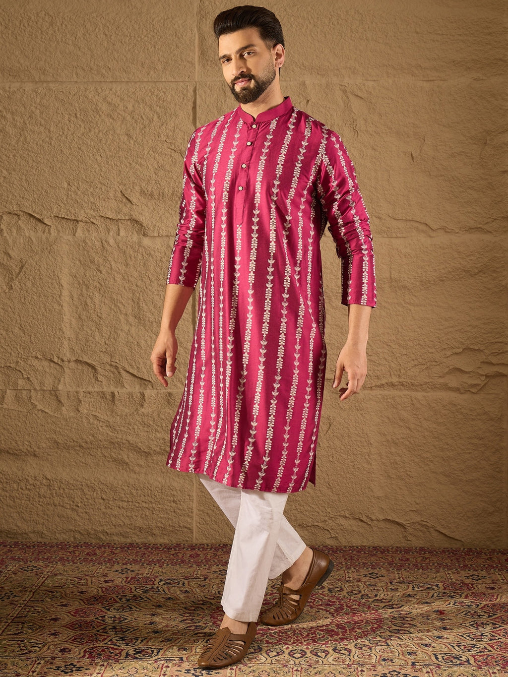 Men Pink Pure Silk Ethnic Motifs Printed Straight Kurta with Trousers-MKSET1283