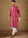 Men Pink Pure Silk Ethnic Motifs Printed Straight Kurta with Trousers-MKSET1283
