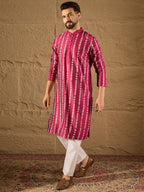 Men Pink Pure Silk Ethnic Motifs Printed Straight Kurta with Trousers-MKSET1283