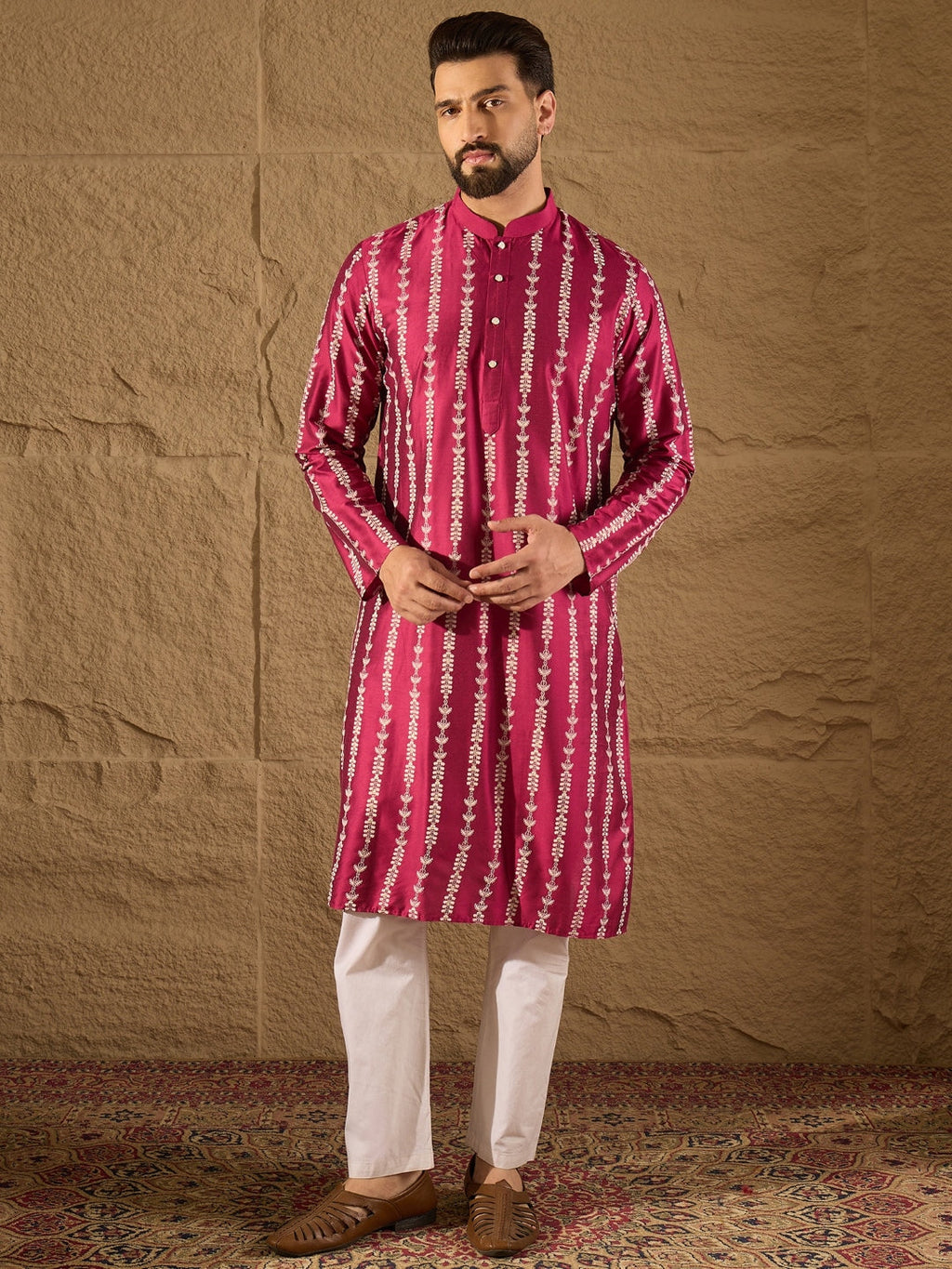 Men Pink Pure Silk Ethnic Motifs Printed Straight Kurta with Trousers-MKSET1283