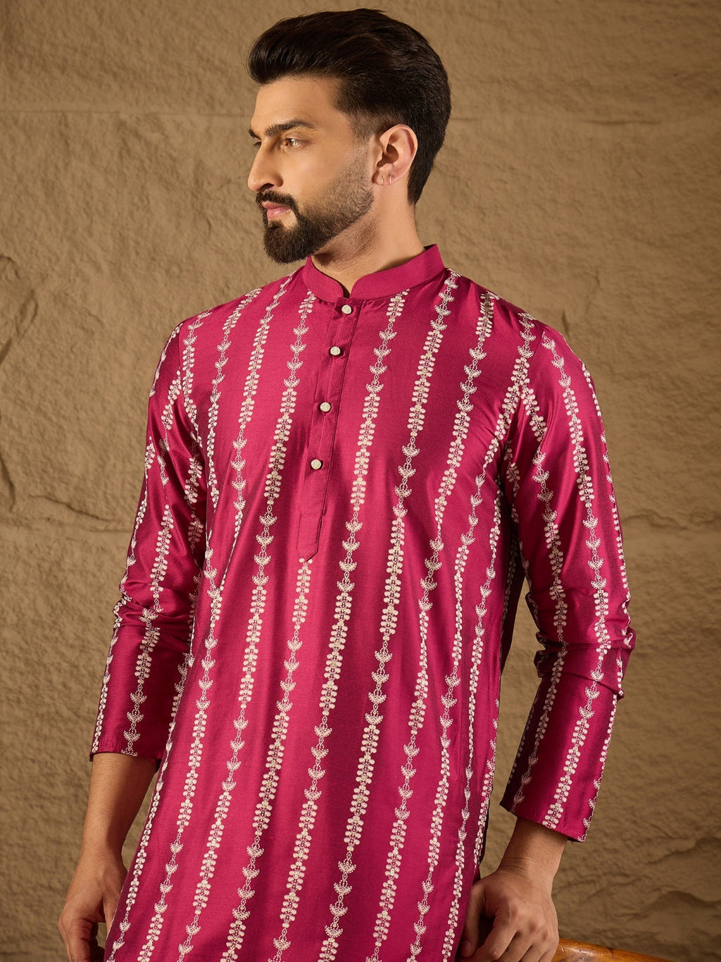 Men Pink Pure Silk Ethnic Motifs Printed Straight Kurta with Trousers-MKSET1283