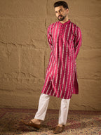 Men Pink Pure Silk Ethnic Motifs Printed Straight Kurta with Trousers-MKSET1283