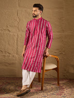 Men Pink Pure Silk Ethnic Motifs Printed Straight Kurta with Trousers-MKSET1283