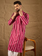 Men Pink Pure Silk Ethnic Motifs Printed Straight Kurta with Trousers-MKSET1283