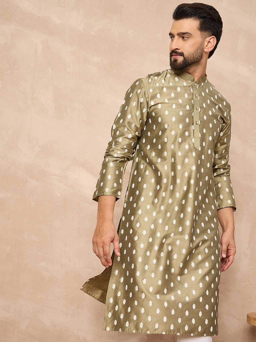 Men Olive Pure Silk Abstract Printed Straight Kurta with Trousers-MKSET1284