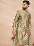 Men Olive Pure Silk Abstract Printed Straight Kurta with Trousers-MKSET1284