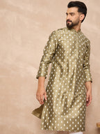 Men Olive Pure Silk Abstract Printed Straight Kurta with Trousers-MKSET1284
