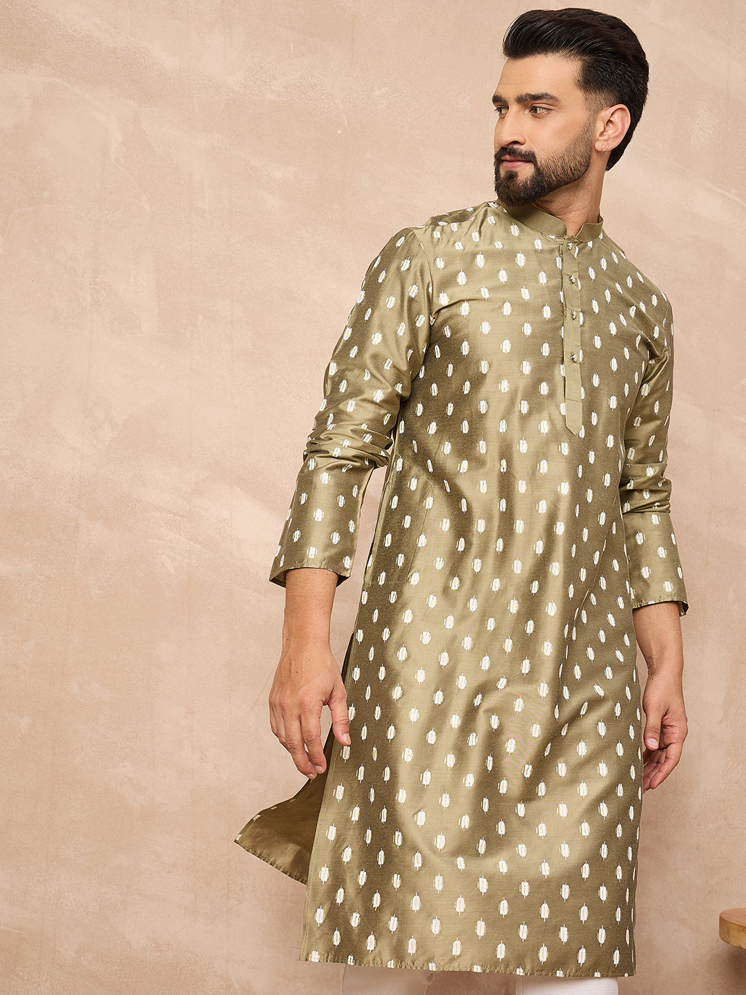 Men Olive Pure Silk Abstract Printed Straight Kurta with Trousers-MKSET1284