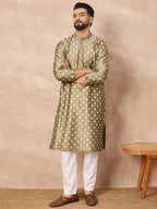 Men Olive Pure Silk Abstract Printed Straight Kurta with Trousers-MKSET1284