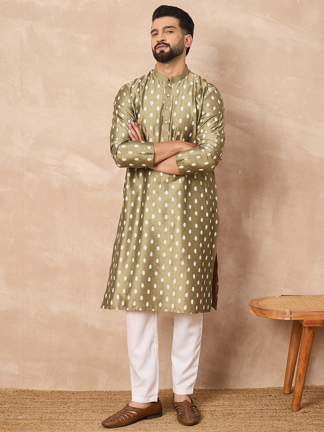 Men Olive Pure Silk Abstract Printed Straight Kurta with Trousers-MKSET1284