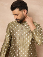 Men Olive Pure Silk Abstract Printed Straight Kurta with Trousers-MKSET1284