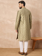 Men Olive Pure Silk Abstract Printed Straight Kurta with Trousers-MKSET1284