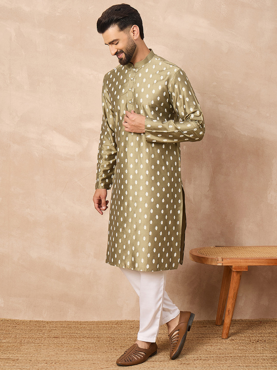 Men Olive Pure Silk Abstract Printed Straight Kurta with Trousers-MKSET1284