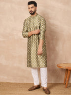 Men Olive Pure Silk Abstract Printed Straight Kurta with Trousers-MKSET1284