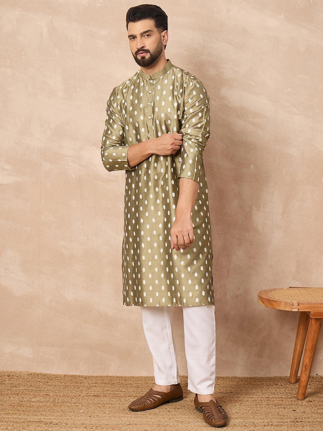 Men Olive Pure Silk Abstract Printed Straight Kurta with Trousers-MKSET1284