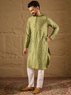 Men Green Pure Silk Geometric Printed Straight Kurta with Trouser-MKSET1285