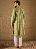 Men Green Pure Silk Geometric Printed Straight Kurta with Trouser-MKSET1285