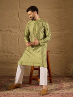 Men Green Pure Silk Geometric Printed Straight Kurta with Trouser-MKSET1285