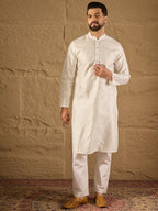 Men White Silk Blend Solid Embroidered Straight Kurta with Trouser-MKSET1286