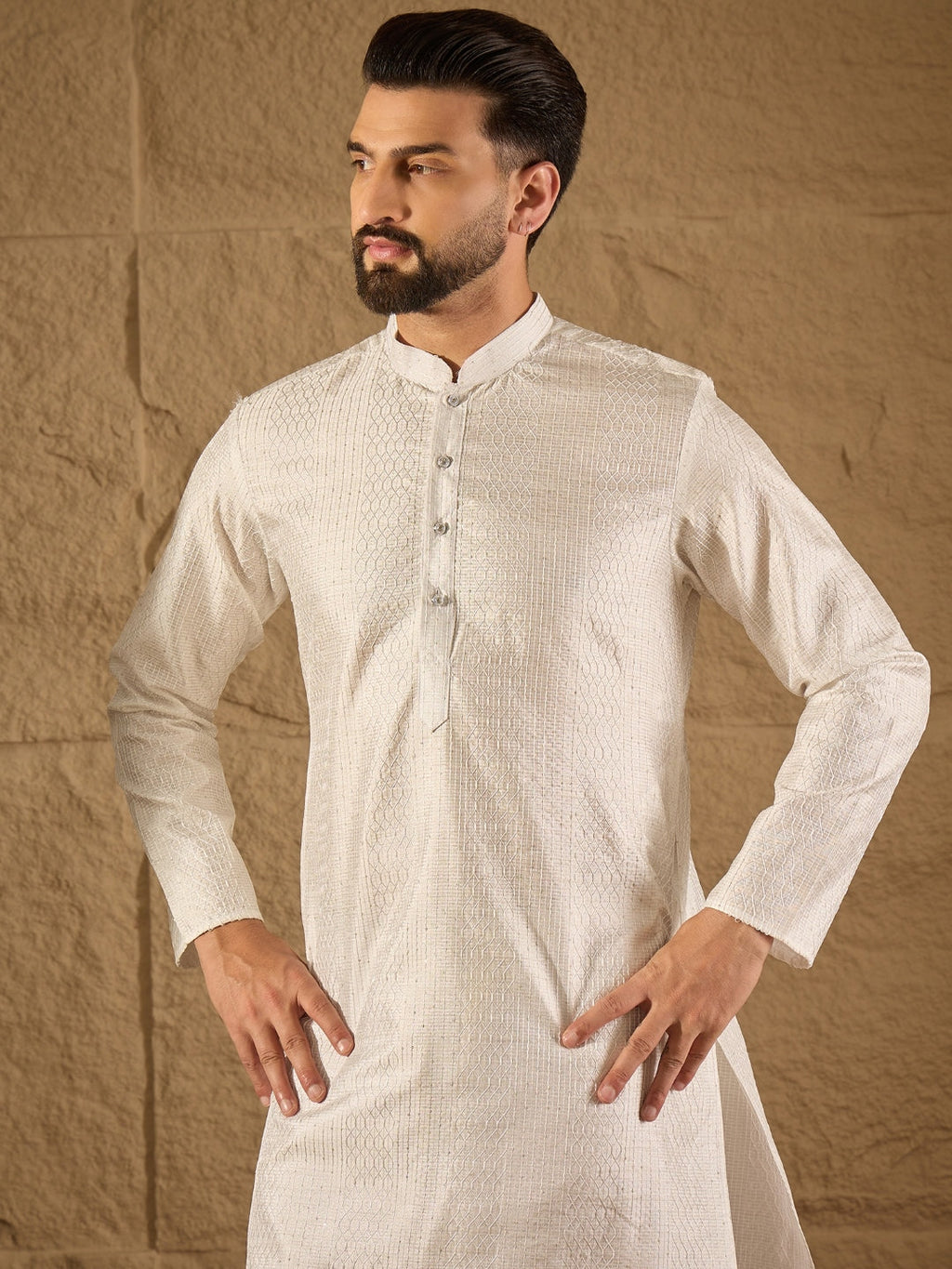 Men White Silk Blend Solid Embroidered Straight Kurta with Trouser-MKSET1286