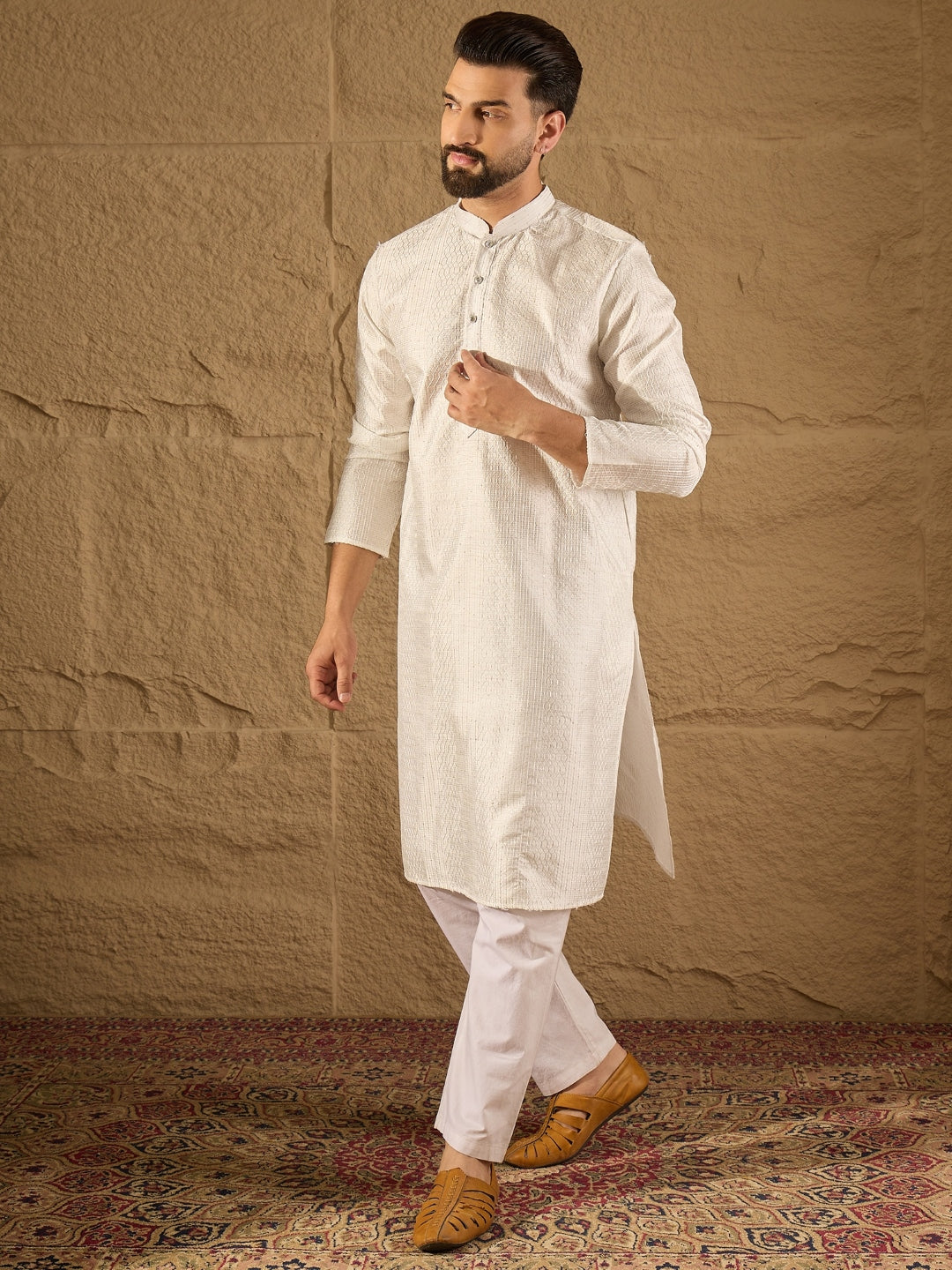 Men White Silk Blend Solid Embroidered Straight Kurta with Trouser-MKSET1286