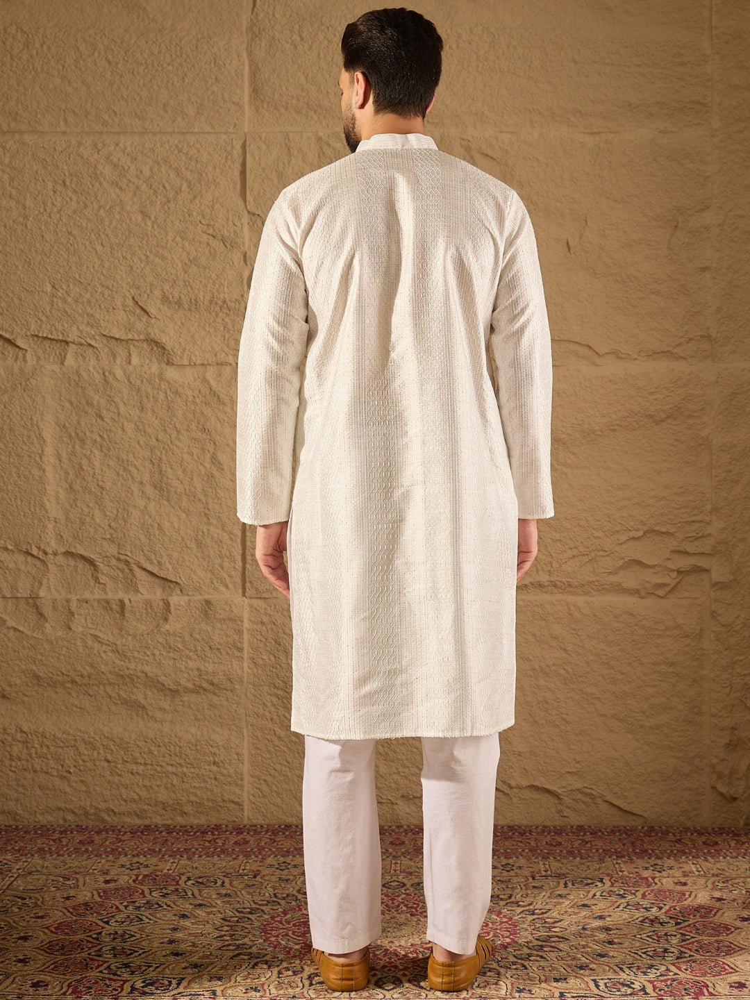 Men White Silk Blend Solid Embroidered Straight Kurta with Trouser-MKSET1286