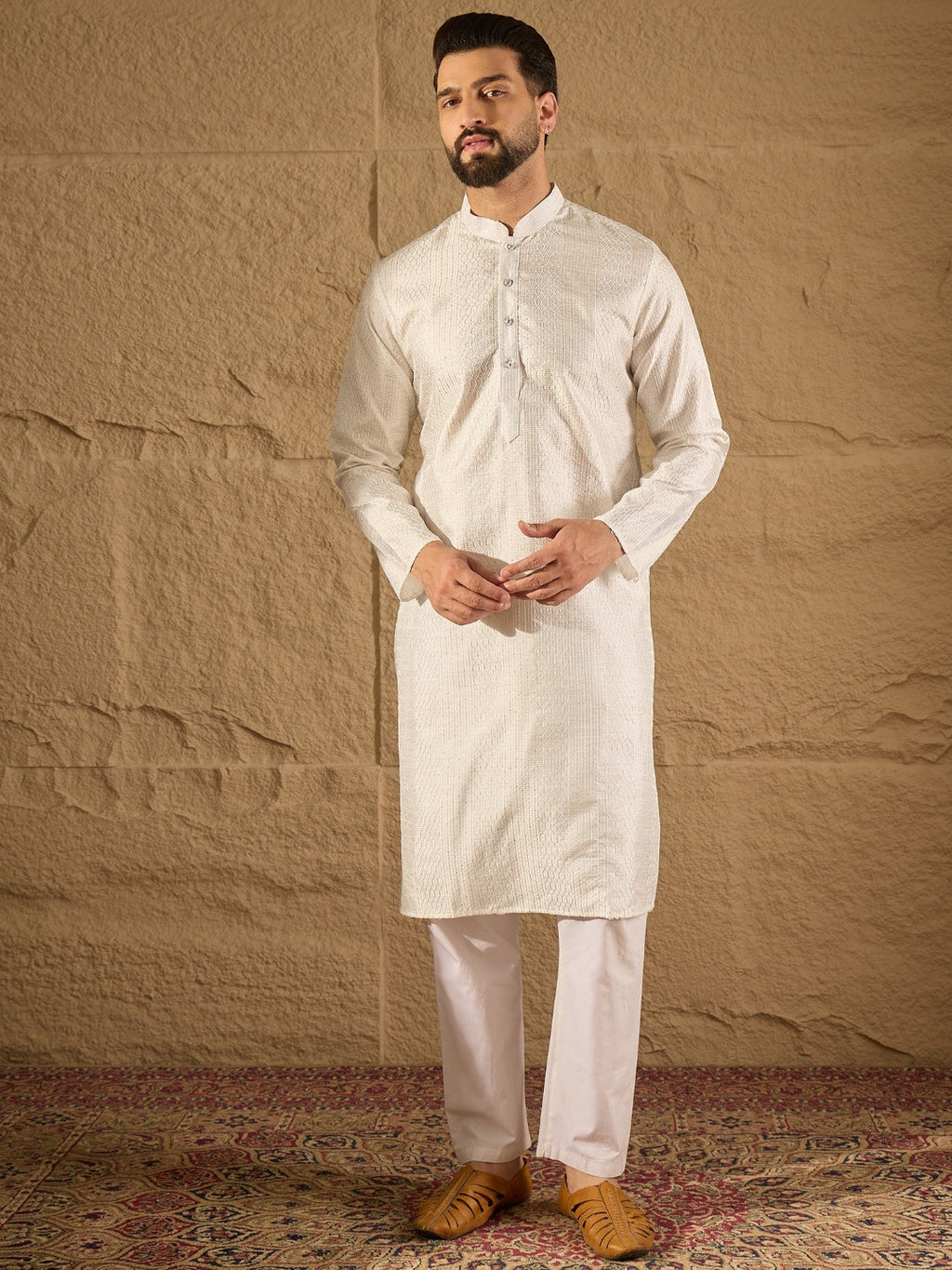 Men White Silk Blend Solid Embroidered Straight Kurta with Trouser-MKSET1286