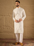 Men White Silk Blend Solid Embroidered Straight Kurta with Trouser-MKSET1286
