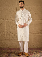 Men White Silk Blend Solid Embroidered Straight Kurta with Trouser-MKSET1286