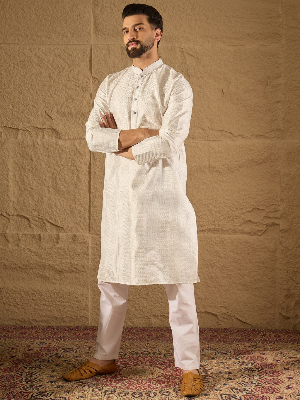 Men White Silk Blend Solid Embroidered Straight Kurta with Trouser-MKSET1286