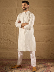 Men White Silk Blend Solid Embroidered Straight Kurta with Trouser-MKSET1286