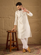 Men White Silk Blend Solid Embroidered Straight Kurta with Trouser-MKSET1286