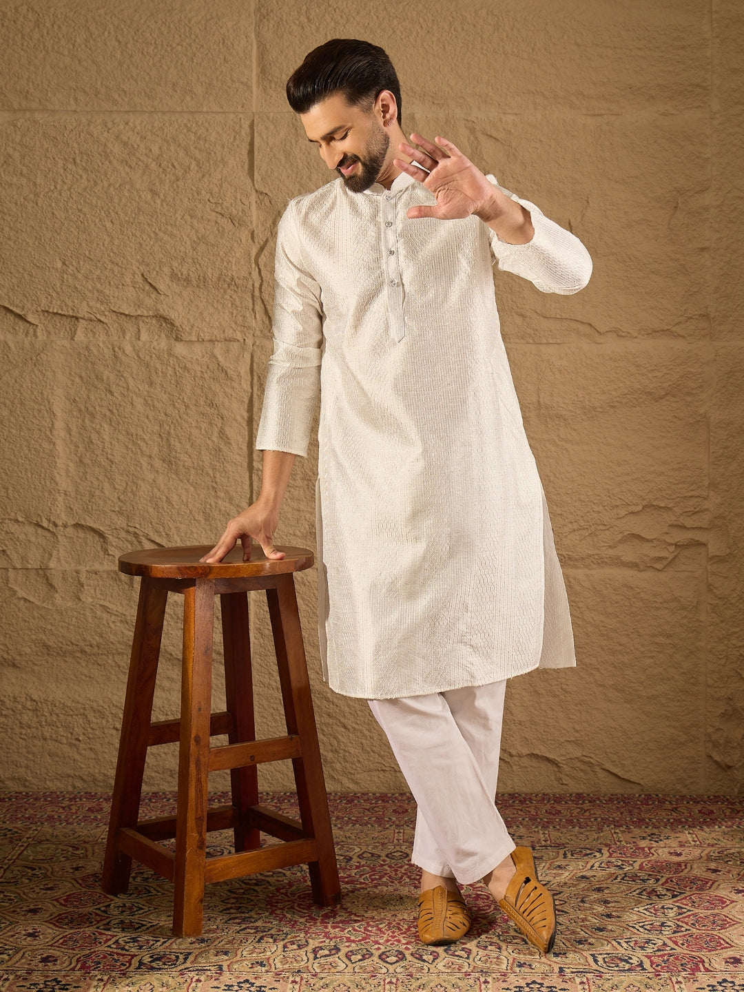 Men White Silk Blend Solid Embroidered Straight Kurta with Trouser-MKSET1286
