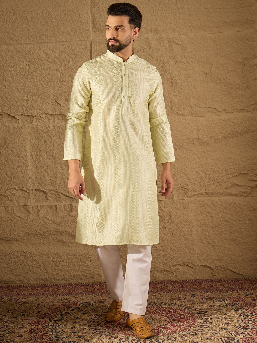 Men Green Silk Blend Solid Embroidered Straight Kurta with Trouser-MKSET1287