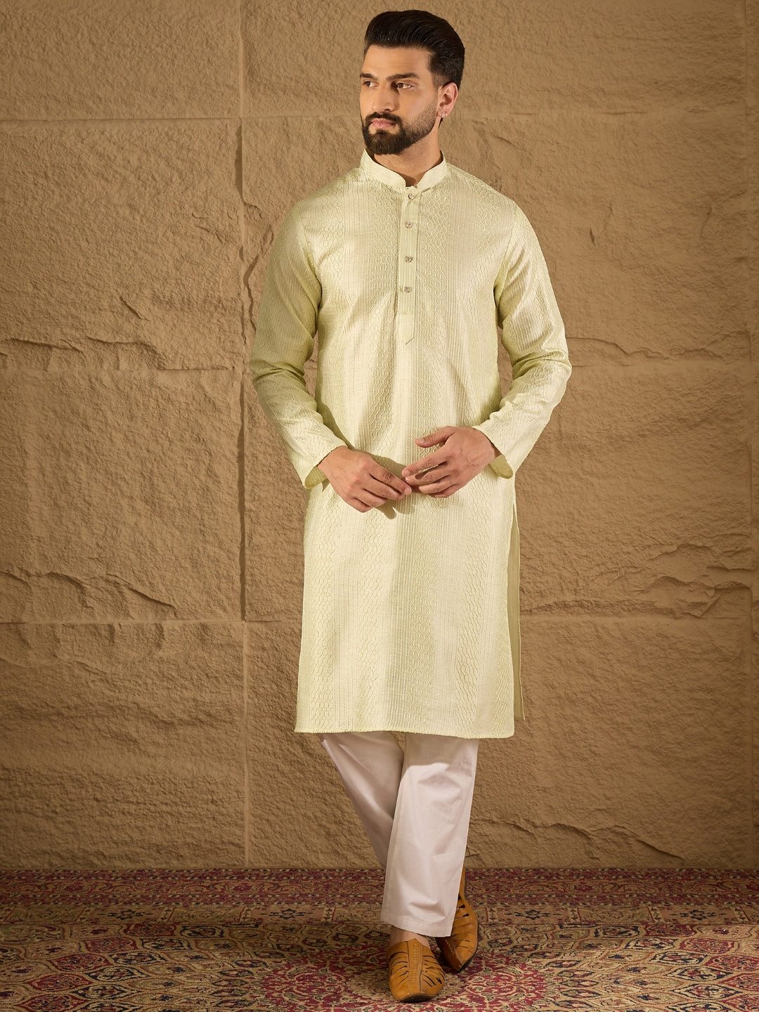 Men Green Silk Blend Solid Embroidered Straight Kurta with Trouser-MKSET1287