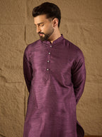 Men Purple Silk Blend Solid Embroidered Straight Kurta with Trouser-MKSET1288